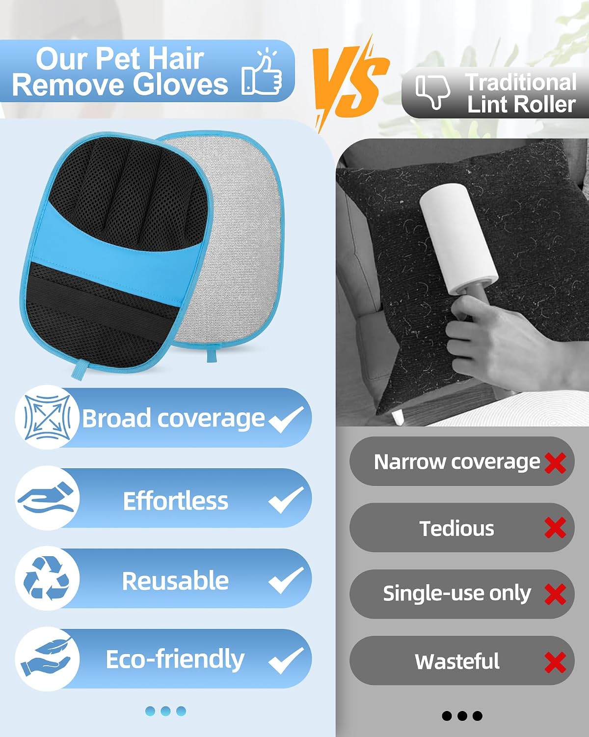 2 Pack Pet Hair Removal Glove - Electrostatic Magic Brush Gloves Pet Hair for Dogs and Cats, The Magic Brush Pure Path Yomi Pet Grooming Needs, Fur Remover for Furniture, Clothes, Car Seats (Blue)
